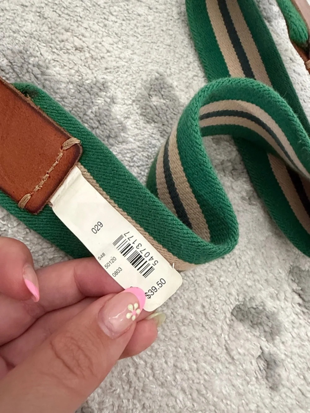 Abercrombie & Fitch Green and Cream Striped elastic belt with Brown Leather